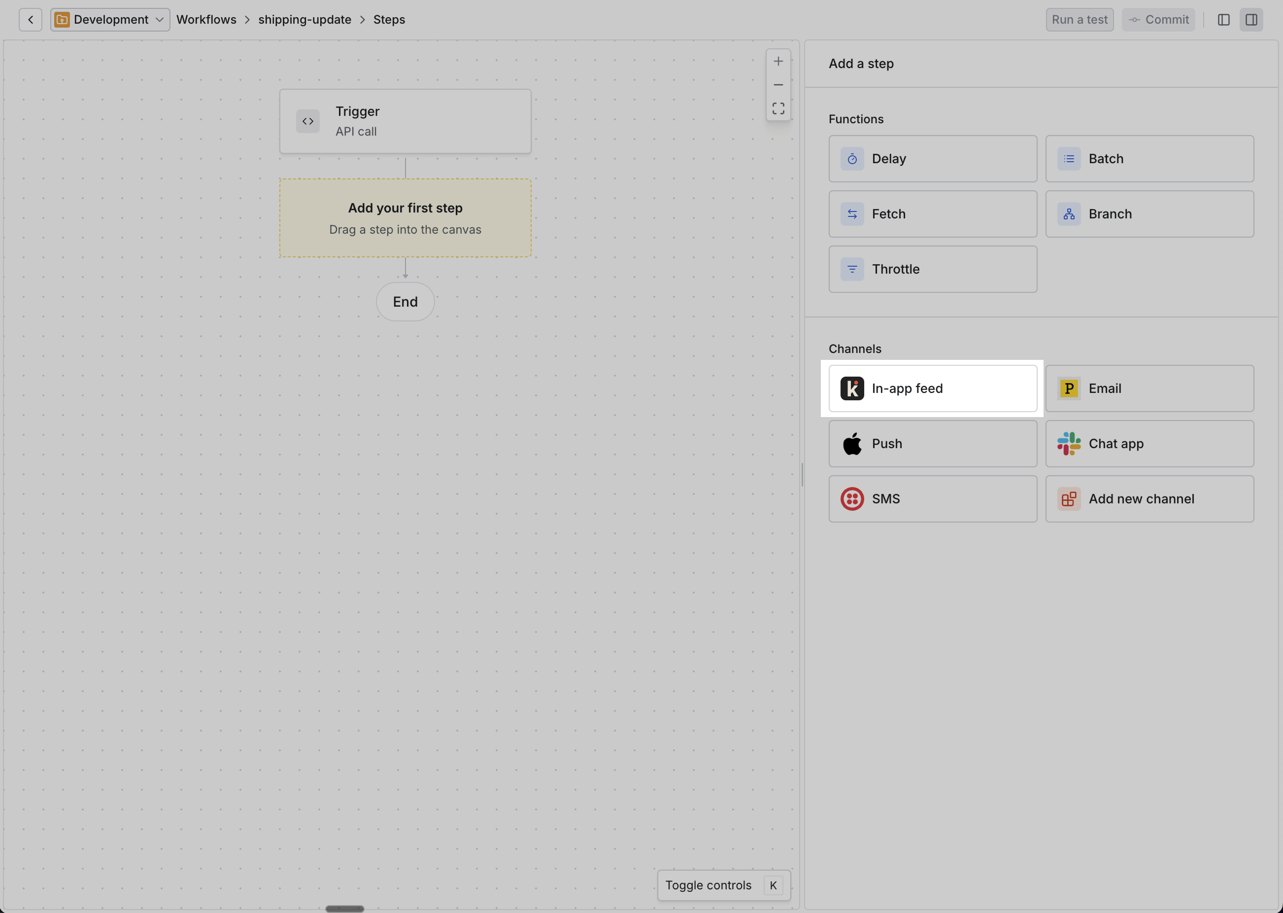 add a channel step to workflow canvas